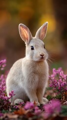 Fototapeta premium Tan rabbit sits among pink flowers in a natural setting looking alert and aware, in a close up studio setting
