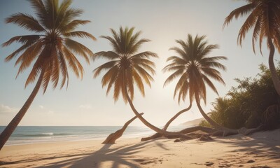 Obraz premium Sun-drenched palm trees lean over a vintage-toned sandy beach, film grain visible , summer, holiday