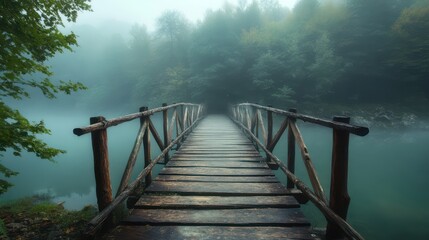 Misty footbridge through woods