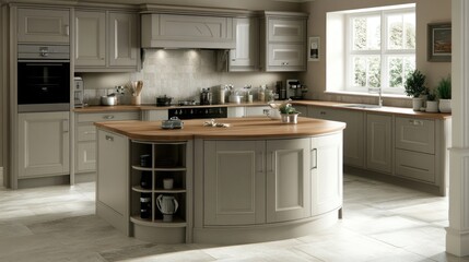 Spacious, light-gray kitchen with an inviting island design.