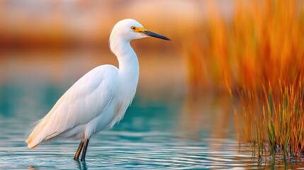 Fototapeta premium A pristine bird perched atop tranquil water, adjacent to a verdant field blanketed in emerald grass and swaying reeds