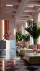 Elegant lobby with plants and seating arrangement offering visual appeal and sophisticated architectural design