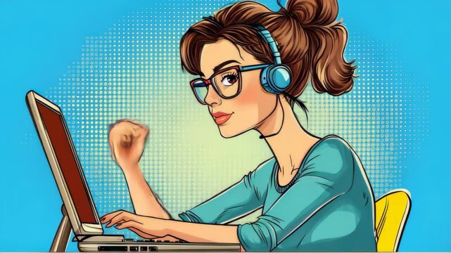 Vibrant pop art illustration of a female developer at work, blending retro comic book style with modern cartoon textures.