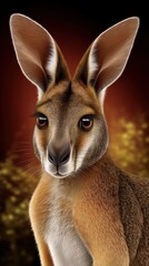 Portrait illustration of a brown kangaroo with long eyelashes against a dark blurred background, showing a realistic depiction of Australian wildlife