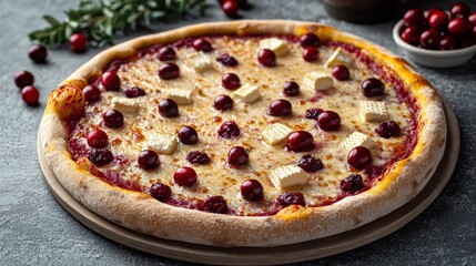 Delicious freshly baked cherry and cheese pizza with golden crust on a rustic dark surface surrounded by fresh cherries for a tasty snack or meal option