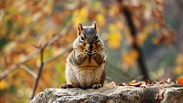 Squirrel munching Nuts in the Fall: A charming squirrel with fluffy fur is captured mid-meal, delicately holding a nut with its tiny paws, amidst the warm hues of autumn foliage.