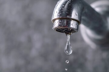 Close-up of a dripping faucet, highlighting the water droplets and the metallic texture.  A symbol of wasted resources.