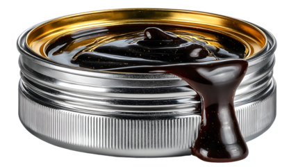 Dark viscous liquid overflowing metallic container industrial texture