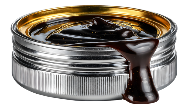 Dark viscous liquid overflowing metallic container industrial texture