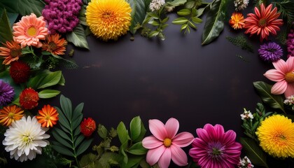 Obraz premium beautiful arrangement of colorful flowers and green leaves framing a dark background perfect for nature themed designs and organic products