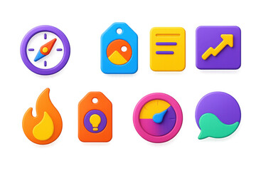 3D icon set of creative direction cues: art direction compass, photo style tag, tone guideline card, visual trend icon, creative inspiration flame, concept tag, brand vibe dial, mood style bubble.
