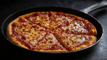 Delicious freshly baked cheese and pepperoni pizza with golden crispy crust served in a black pizza pan on dark background, appetizing Italian food dish