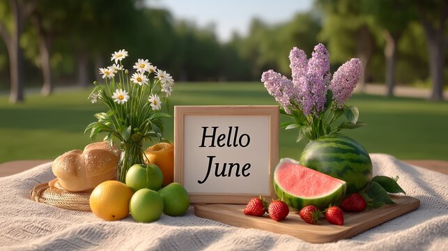 Hello june summer picnic: fresh fruits, flowers, and outdoor tranquility