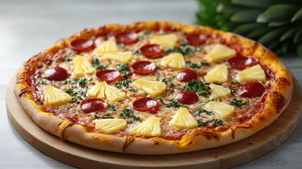 Freshly baked pine and pepperoni pizza with melted cheese, tomato sauce, and herbs on a wooden board for delicious Italian meal concept