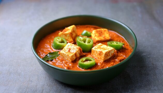 malai or achari paneer in a gravy made using red gravy and green capsicum served in a bowl selective focus