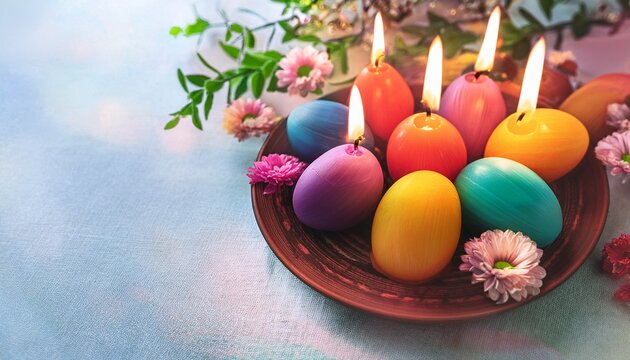 easter background burning candles in shape of colorful eggs and flowers in plate on table festive spring seasonal composition table decor for easter holiday nowruz ostara sabbat
