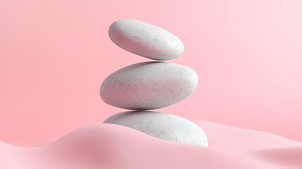 Balanced stones on a pink background. [Hollow Monoliths] | Gravity Stones | floating obelisks. Illustration