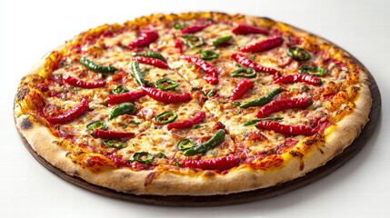 Delicious freshly baked pizza topped with red and green chili peppers melted cheese and tomato sauce on a thin crispy crust ready to eat