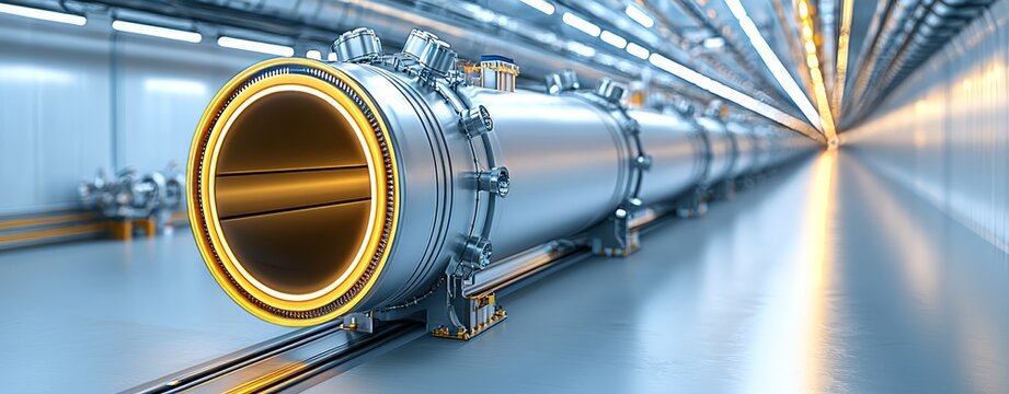 Futuristic particle accelerator tunnel with glowing rings in industrial setting