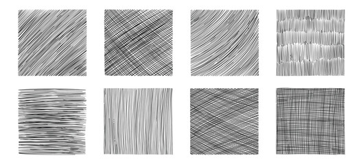 Pencil shaded squares. Pen stroke scribble, hand drawn scrawl sketch texture and line sketched background vector set of pencil stroke square scribble illustration on white