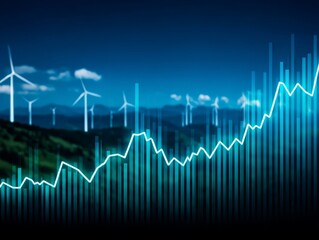 Naklejka premium Rising graph with wind turbines and mountains in the background depicting growth and sustainability