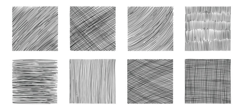 Pencil shaded squares. Pen stroke scribble, hand drawn scrawl sketch texture and line sketched background vector set of pencil stroke square scribble illustration on white