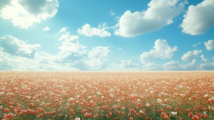 Vast field of vibrant red and white flowers under a clear blue sky