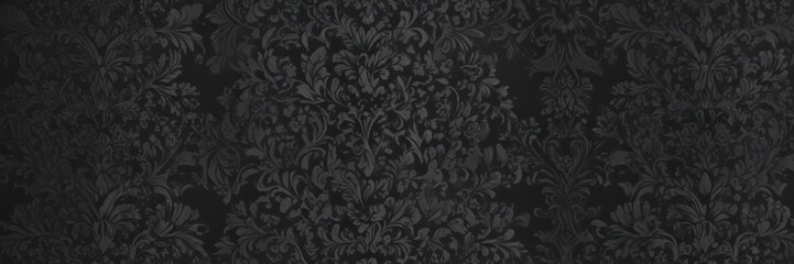 Intricate black damask floral pattern on dark grey  , sophisticated, background, repeating