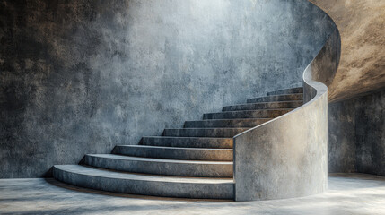 A photorealistic 4K side angle view of a concrete spiral staircase showcasing visual depth with light and shadow in a modern 3D architectural background.