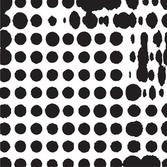 A dense of black and white circles forms a textured background.