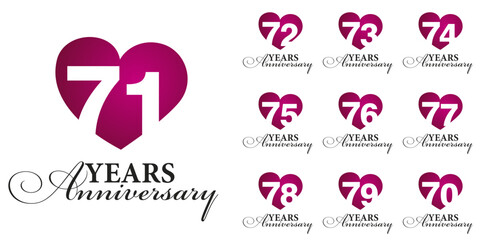 Set of Anniversary years from 70 to 79. Vector creative design emblems with negative space numbers love red color heart for celebration event, invitation, greeting