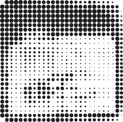 A large bold letter 'E' is constructed from a dense arrangement of black and white dots.