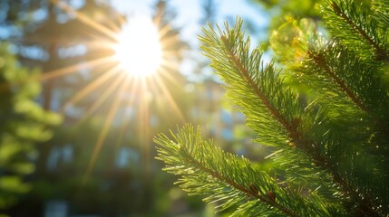 Obraz premium Sunlight filtering through pine tree branches in a lush forest setting