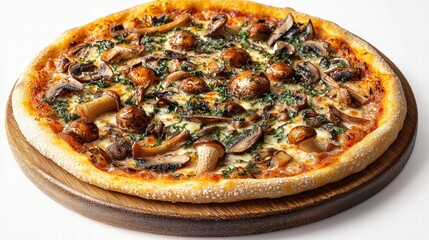Delicious freshly baked mushroom and spinach pizza with melted cheese and crispy crust served on wooden tray isolated on white background