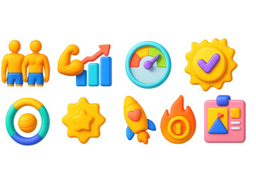 3D icon set of growth in fitness journey: transformation icon, strength gain chart, flexibility level meter, endurance ring, milestone achieved badge, motivation boost, goal streak flame