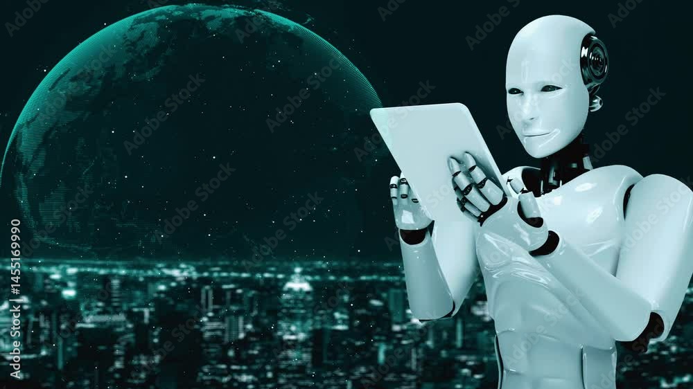 Poster AI robot huminoid uses cloud computing technology to store data on online server . Futuristic concept of cloud information storage analyzed by machine learning process . 3D rendering .