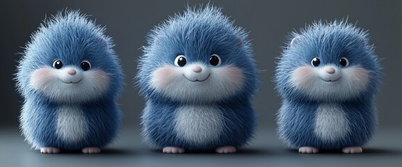 Three adorable, fluffy, cartoonish moles