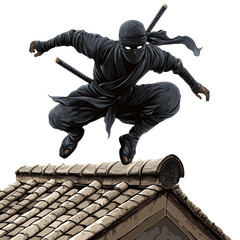 A Cartoon Ninja Leaping Over Rooftops Isolated on Transparent Background
