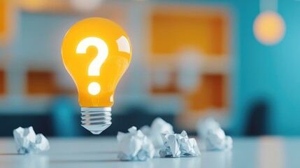 A vibrant light bulb shines on crumpled paper with question marks, symbolizing creativity and innovation in problemsolving.