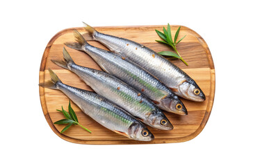 Four Fresh Raw Fish on Wooden Cutting Board with Herbs