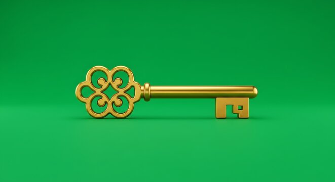 golden key icon centered on an isolated green screen background metallic style
