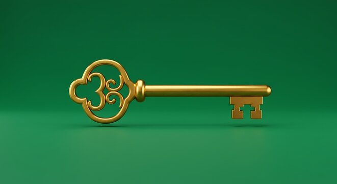 golden key icon centered on an isolated green screen background metallic style
