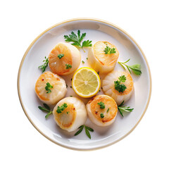 Delicious PanSeared Scallops with Lemon and Parsley Garnish on a White Plate