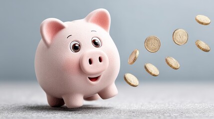 Cute piggy bank and falling coins on soft background