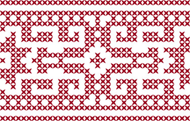 Embroidery pattern. Slavic folk motifs. Imitation of cross stitch. Red ornament on white background. Seamless background.
