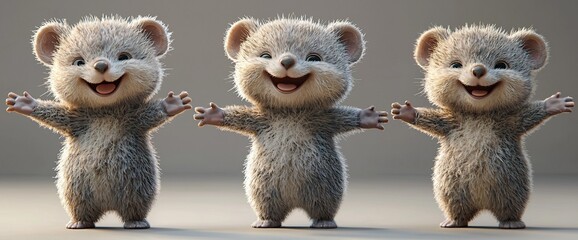 Three cheerful, fluffy cartoon mice with open arms