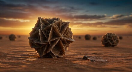Desert Rose Crystal on Sandy Landscape at Sunset