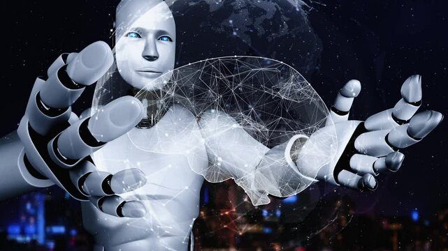 AI hominoid robot holding virtual hologram screen showing concept of AI brain and artificial intelligence thinking by machine learning process. 3D rendering.