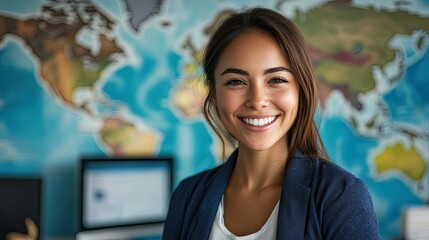 Obraz premium A photograph of an attractive female travel agent in her office, smiling at the camera with a world map on the wall