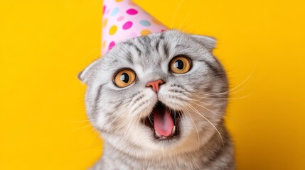 Surprised gray cat wearing polka dot party hat against vibrant yellow background